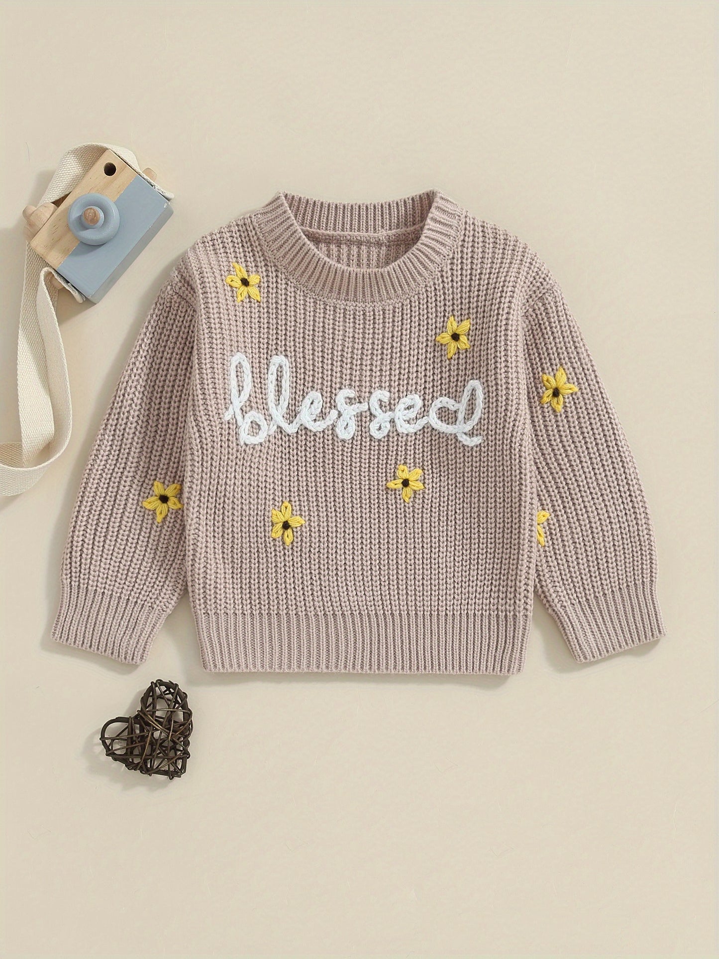 Baby Girls Autumn Winter Knit Sweater Floral Letter Embroidery Pullover
