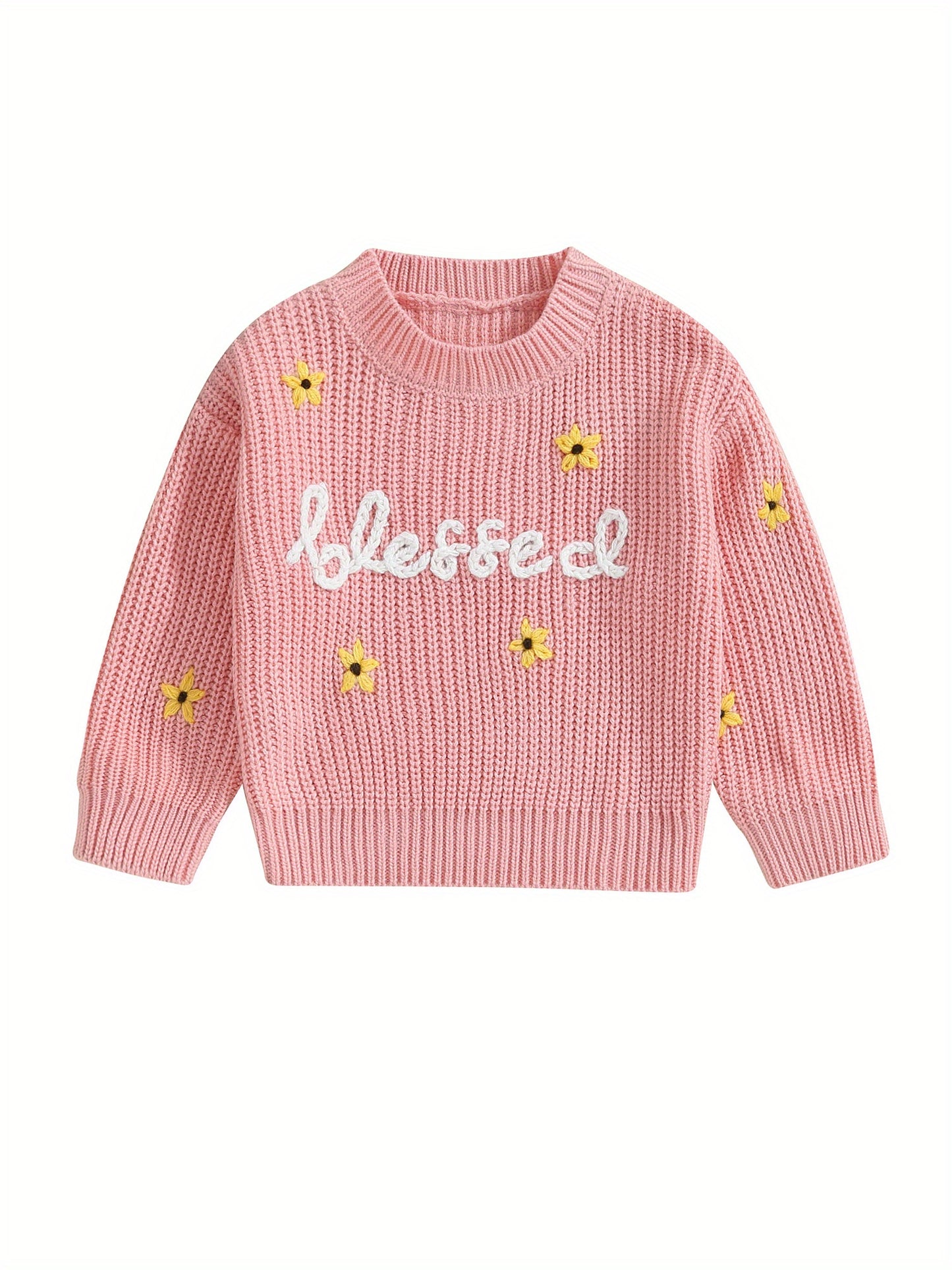 Baby Girls Autumn Winter Knit Sweater Floral Letter Embroidery Pullover