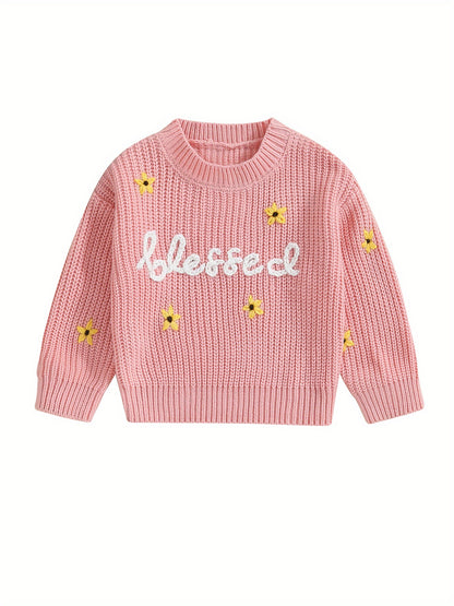 Baby Girls Autumn Winter Knit Sweater Floral Letter Embroidery Pullover