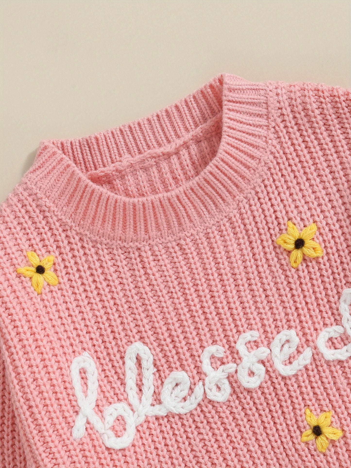 Baby Girls Autumn Winter Knit Sweater Floral Letter Embroidery Pullover