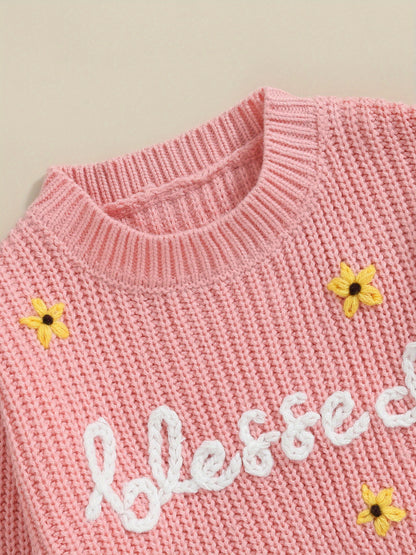 Baby Girls Autumn Winter Knit Sweater Floral Letter Embroidery Pullover