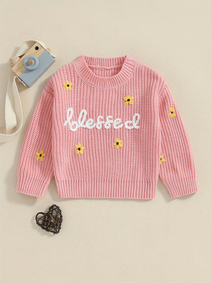 Baby Girls Autumn Winter Knit Sweater Floral Letter Embroidery Pullover