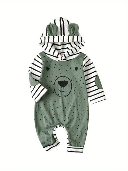 Baby Bear-Themed Cotton Romper Hooded Jumpsuit Long Sleeve Easy-Button Fall/Winter Outfit