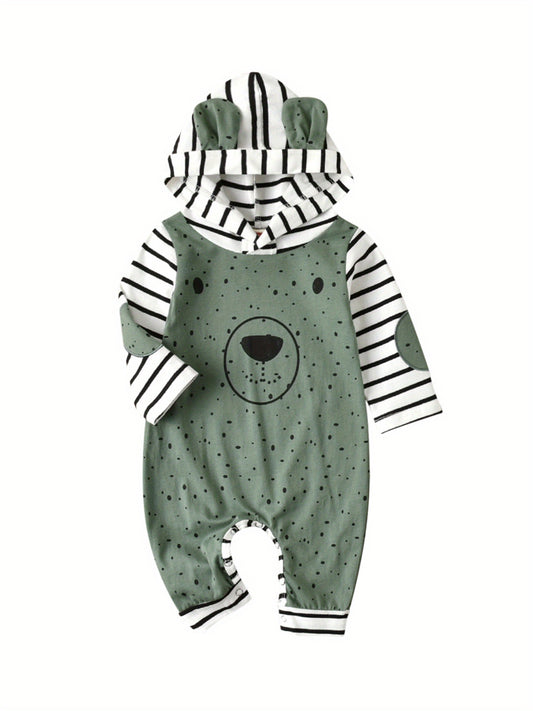 Baby Bear-Themed Cotton Romper Hooded Jumpsuit Long Sleeve Easy-Button Fall/Winter Outfit