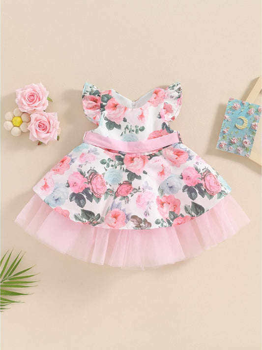 Baby Girls Princess Tutu Dress Lace Patchwork Flying Sleeve Bowknot Floral Print Summer Wedding Birthday Outfit