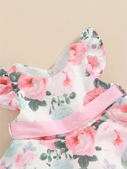 Baby Girls Princess Tutu Dress Lace Patchwork Flying Sleeve Bowknot Floral Print Summer Wedding Birthday Outfit