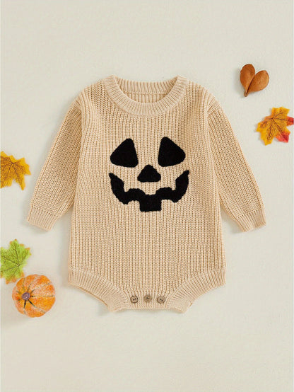 Baby Halloween Sweater Romper Pumpkin Embroidery Knit Jumpsuit