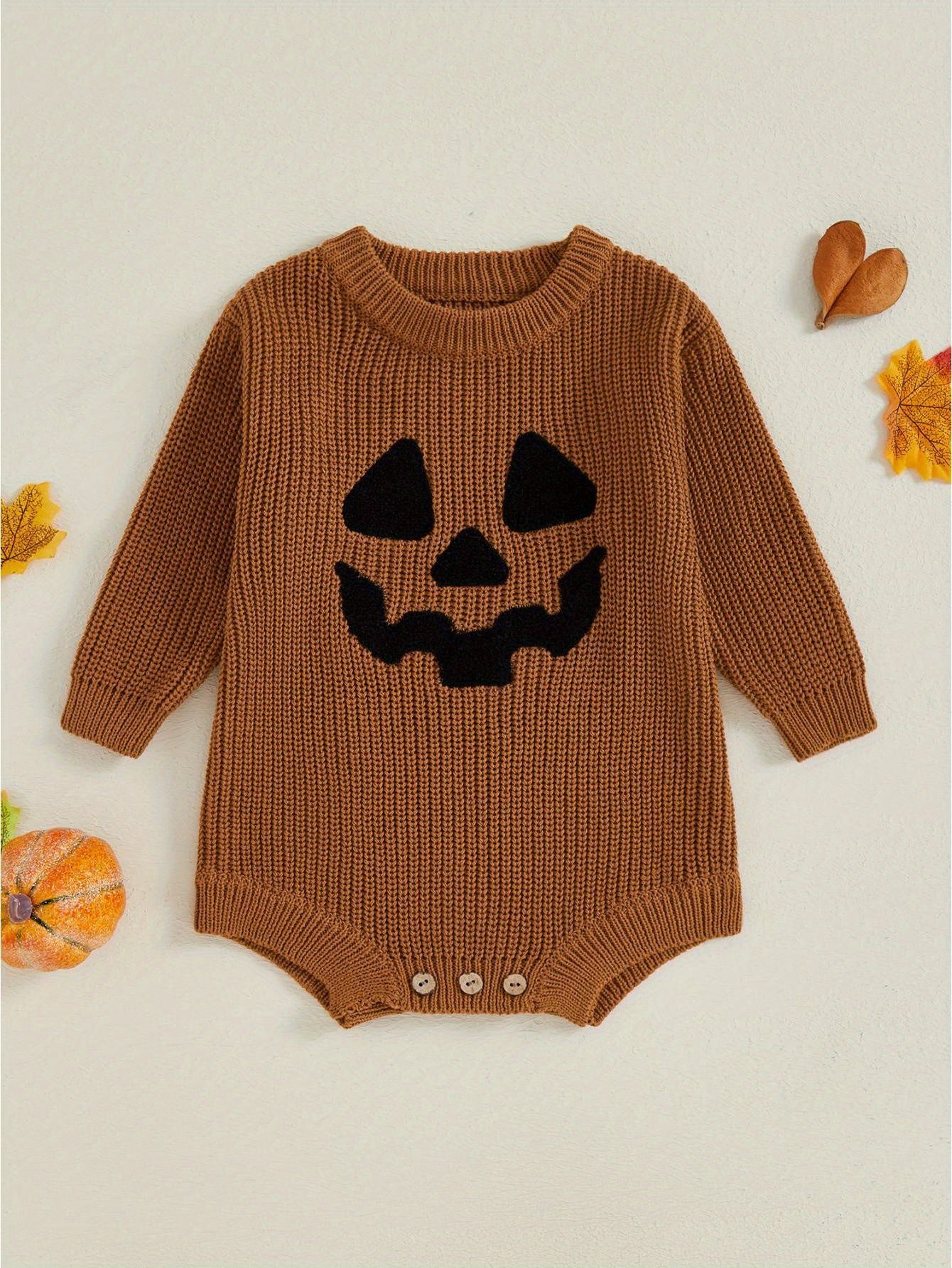 Baby Halloween Sweater Romper Pumpkin Embroidery Knit Jumpsuit