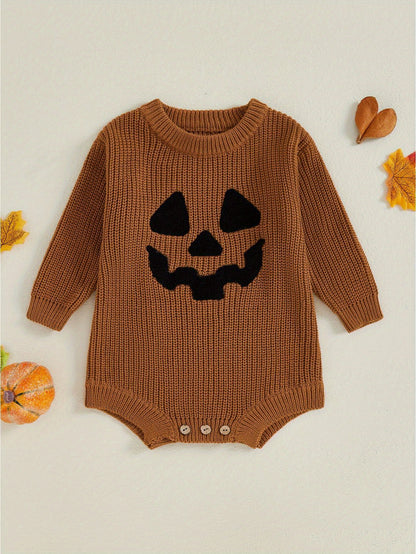 Baby Halloween Sweater Romper Pumpkin Embroidery Knit Jumpsuit