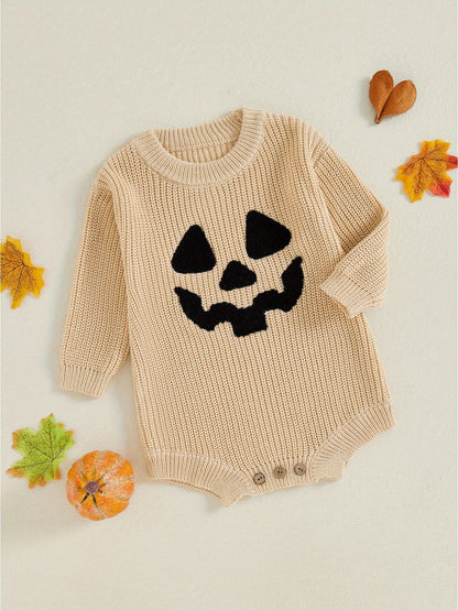 Baby Halloween Sweater Romper Pumpkin Embroidery Knit Jumpsuit