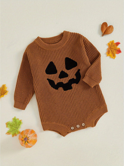 Baby Halloween Sweater Romper Pumpkin Embroidery Knit Jumpsuit