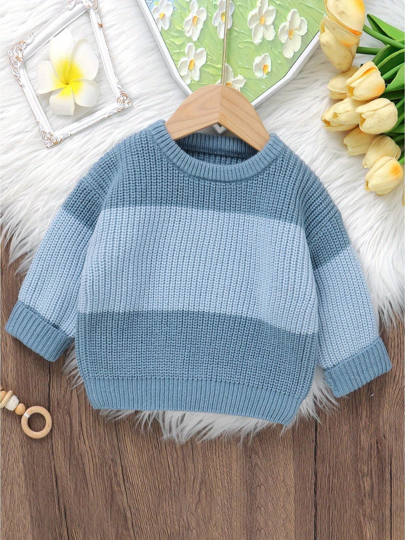 Baby Knit Sweater Long Sleeve Striped Contrast Color Pullover