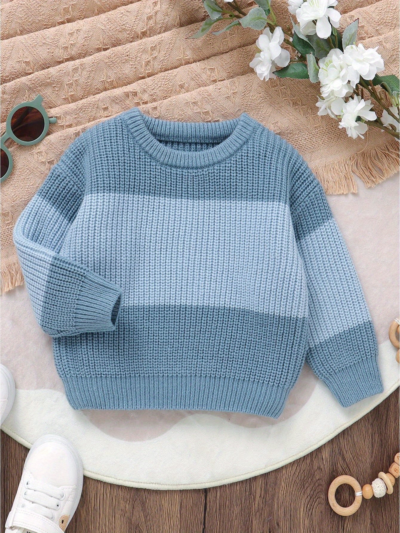 Baby Knit Sweater Long Sleeve Striped Contrast Color Pullover