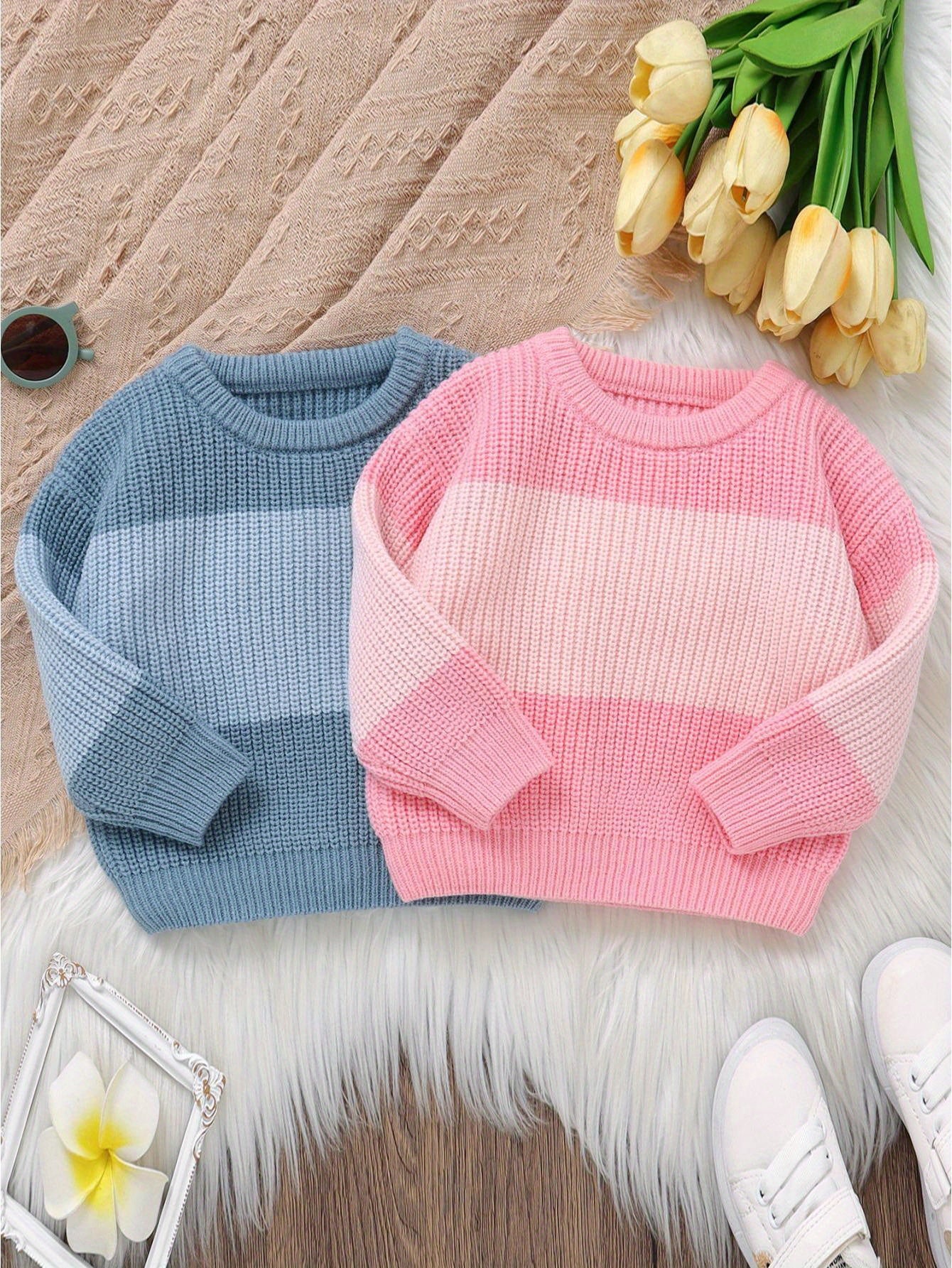 Baby Knit Sweater Long Sleeve Striped Contrast Color Pullover