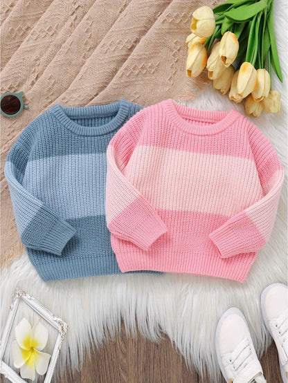Baby Knit Sweater Long Sleeve Striped Contrast Color Pullover