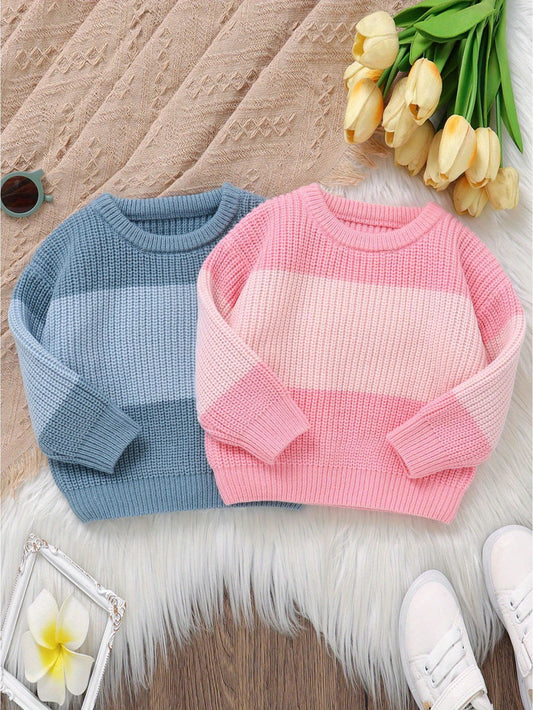 Baby Knit Sweater Long Sleeve Striped Contrast Color Pullover
