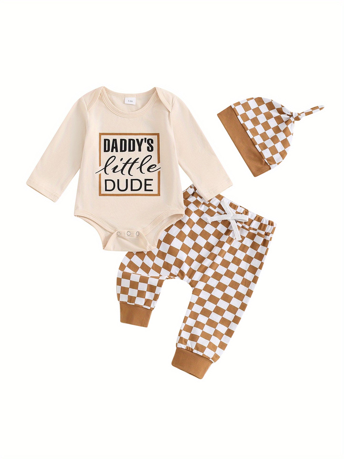 Baby Boy 3-Piece Outfit Letter Print Long Sleeve Romper Pants & Hat
