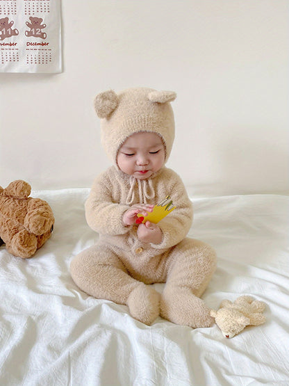 Infant Baby Winter Plush Jumpsuit with Hat Long Sleeve Romper