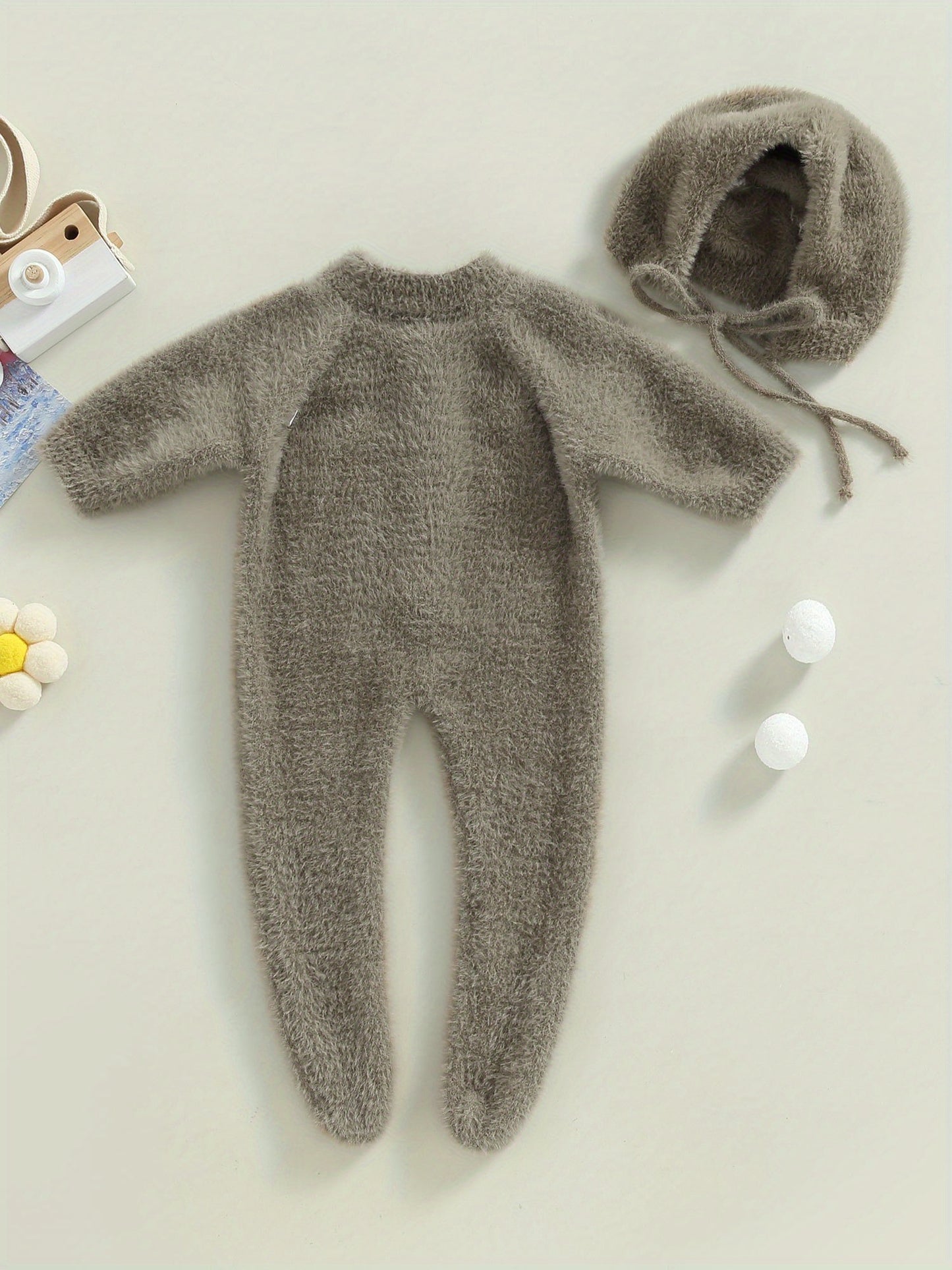 Infant Baby Winter Plush Jumpsuit with Hat Long Sleeve Romper