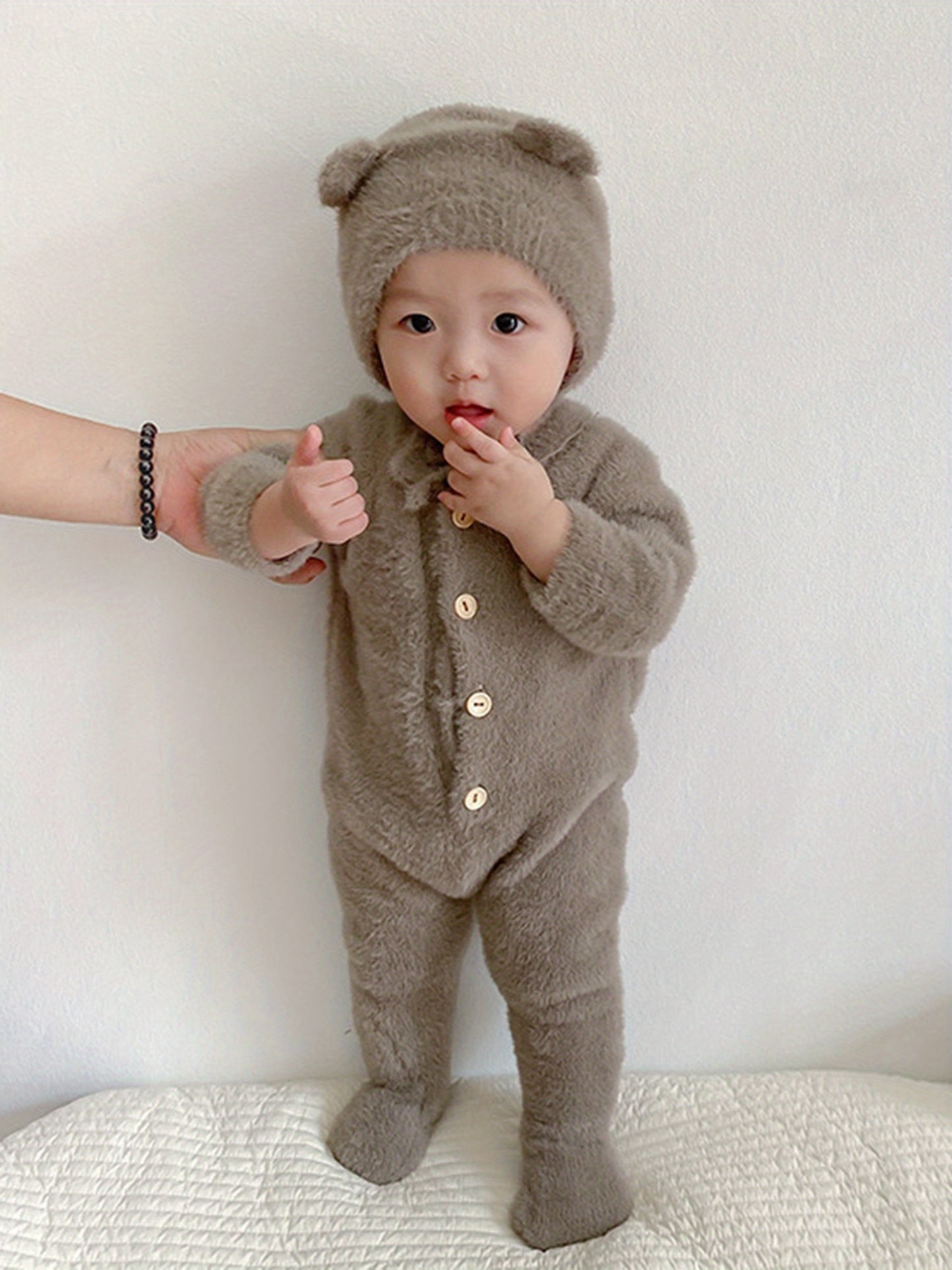 Infant Baby Winter Plush Jumpsuit with Hat Long Sleeve Romper