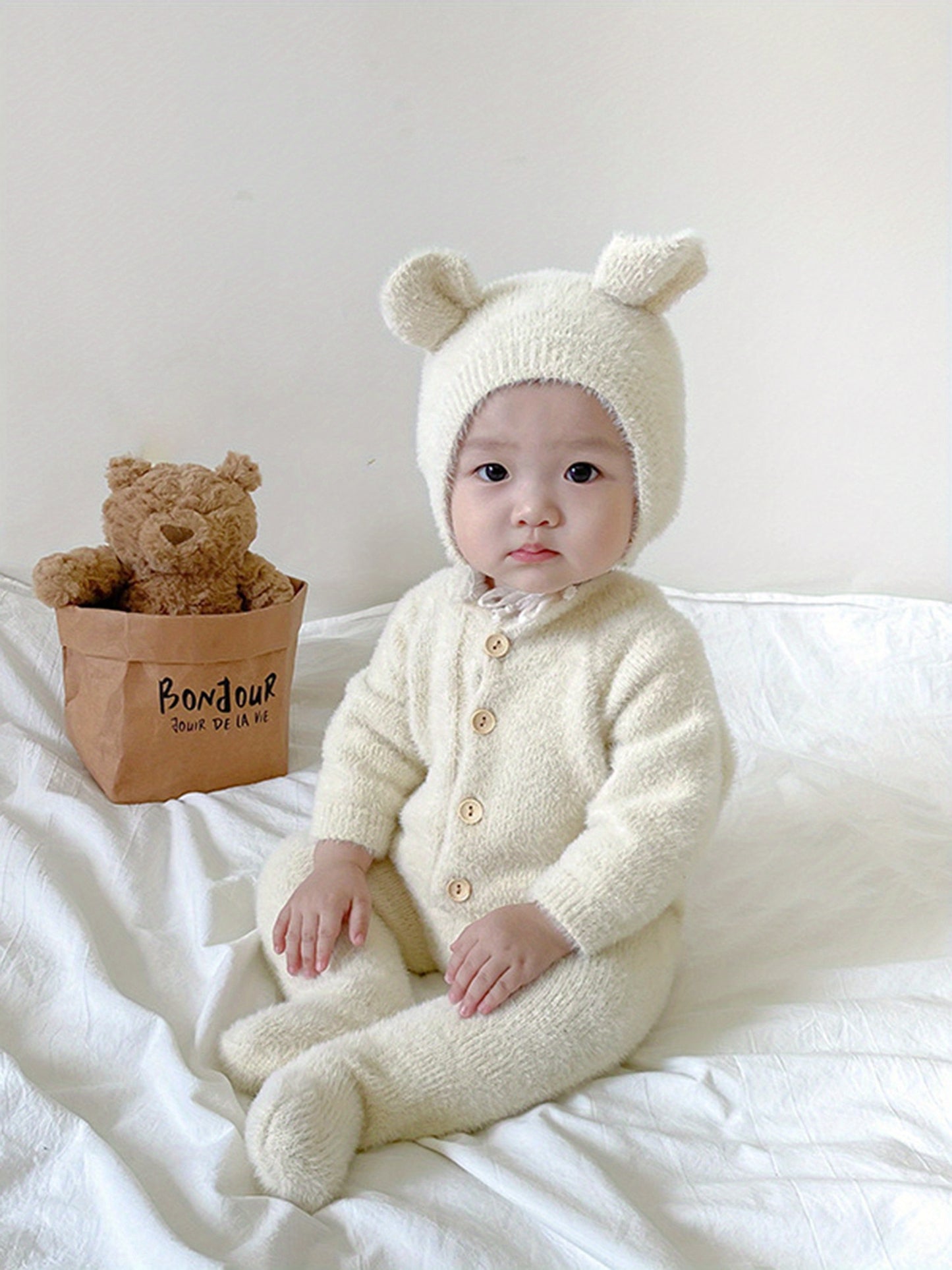 Infant Baby Winter Plush Jumpsuit with Hat Long Sleeve Romper