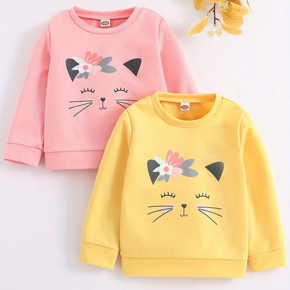 2 Pcs Baby Girl Long Sleeve Shirt Kitten & Flower Cartoon Print
