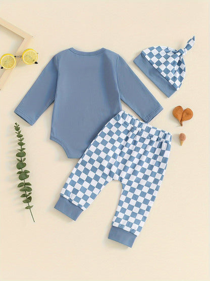 Baby Boy 3-Piece Outfit Letter Print Long Sleeve Romper Pants & Hat