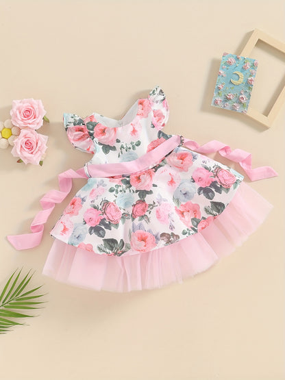 Baby Girls Princess Tutu Dress Lace Patchwork Flying Sleeve Bowknot Floral Print Summer Wedding Birthday Outfit
