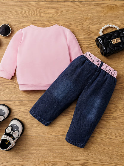 2 Pcs Baby Girl Long Sleeve Sweatshirt & Belted Ripped Jeans Set