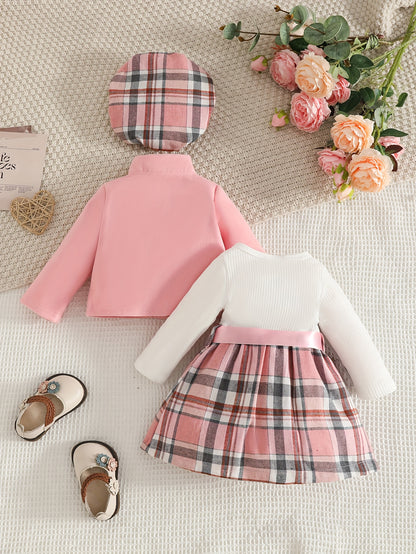 Baby Two-Piece Outfit Short Jacket & Long-Sleeve Plaid Dress with Beret
