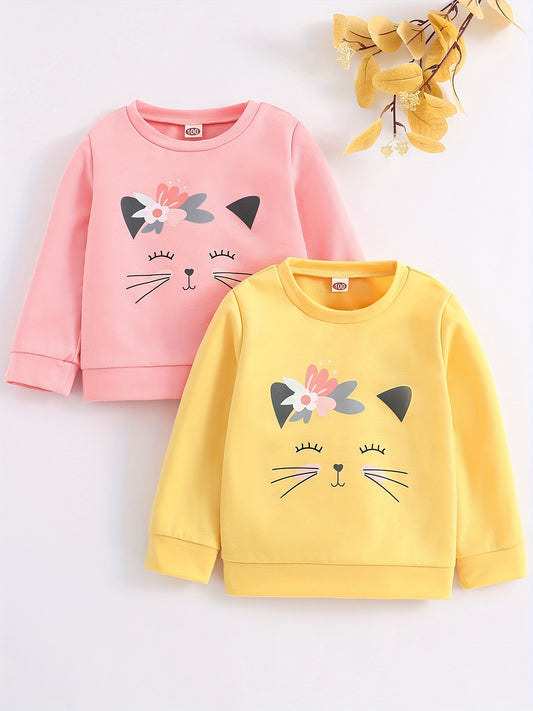 2 Pcs Baby Girl Long Sleeve Shirt Kitten & Flower Cartoon Print