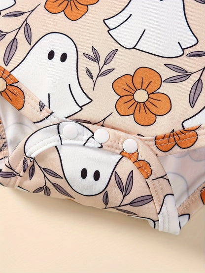 3 Pcs Baby Girl Halloween Outfit Pumpkin Print Jumpsuit, Ruffled Skirt & Headband Set