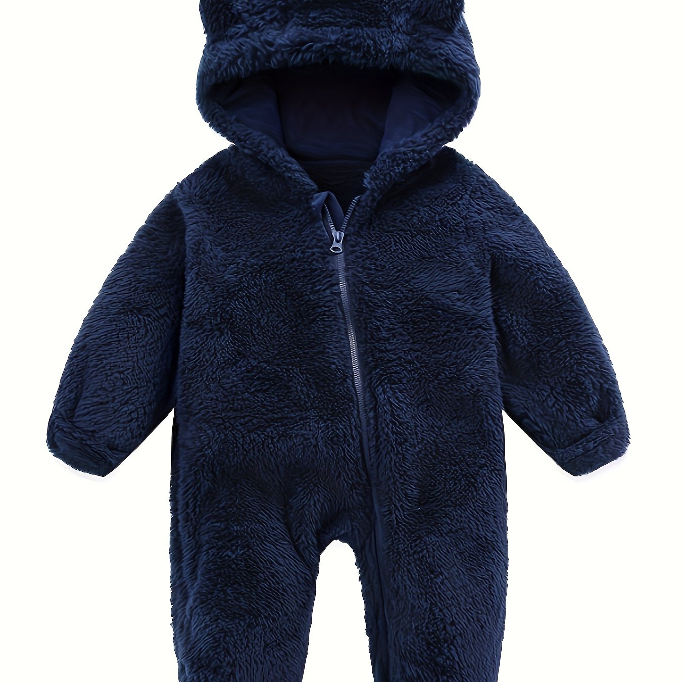 Baby Jumpsuit Navy Blue Polar Fleece with Bear Ears Hood Winter Romper