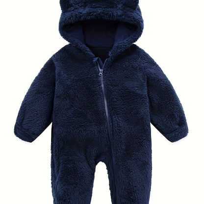 Baby Jumpsuit Navy Blue Polar Fleece with Bear Ears Hood Winter Romper