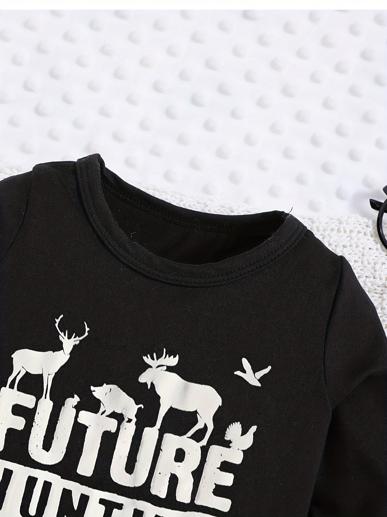 Baby Romper "Future Hunting Buddy" Black Polyester Deer & Bird Print