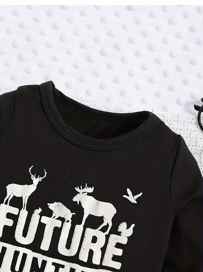 Baby Romper "Future Hunting Buddy" Black Polyester Deer & Bird Print
