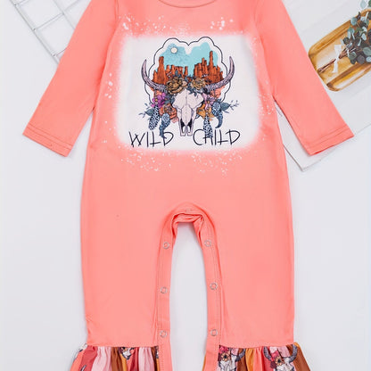 Autumn Western Cowboy Series Baby Girl's Cute Bodysuit With Leopard Cow Pattern Flower Letter...random Print