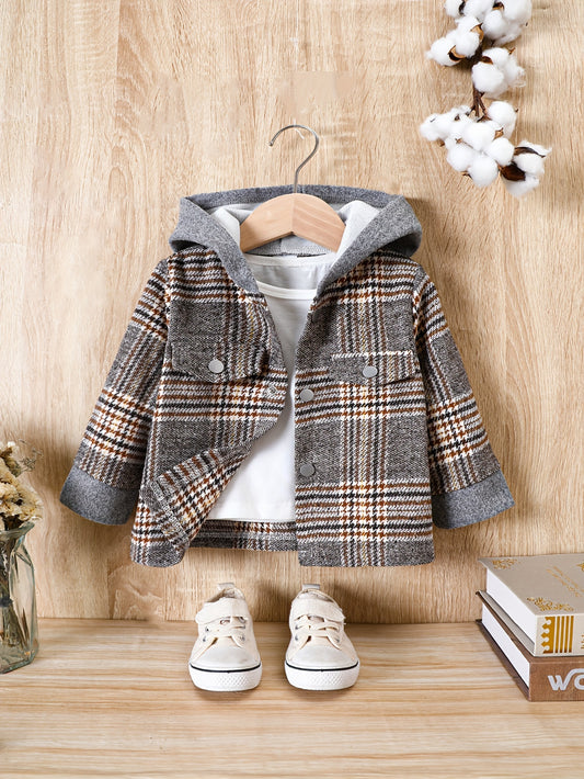 Baby Boy Plaid Tweed Coat with Hood Brown & Beige Check Fall/Winter Outerwear