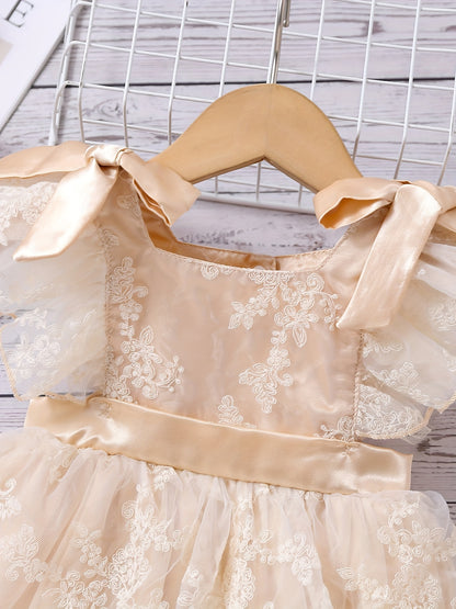 Baby Girl Fly Sleeve Lace Mesh Onesie Dress with Bowknot Decor