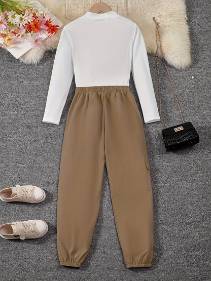 2-Piece Baby Girl Color Clash Top & Cargo Pants Set Alphabet Print