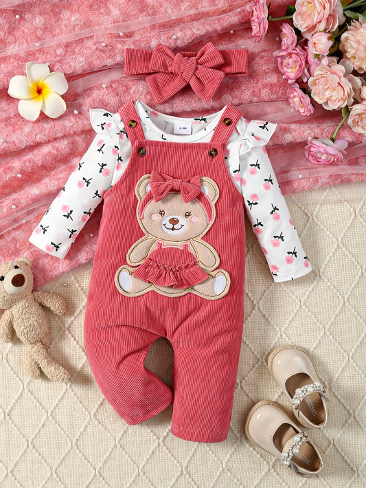 2 Pcs Baby Girl Outfit Floral Long Sleeve Jumpsuit with Teddy Bear Corduroy Pants & Headband