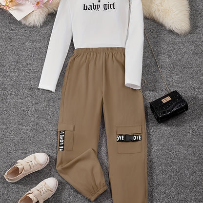 2-Piece Baby Girl Color Clash Top & Cargo Pants Set Alphabet Print