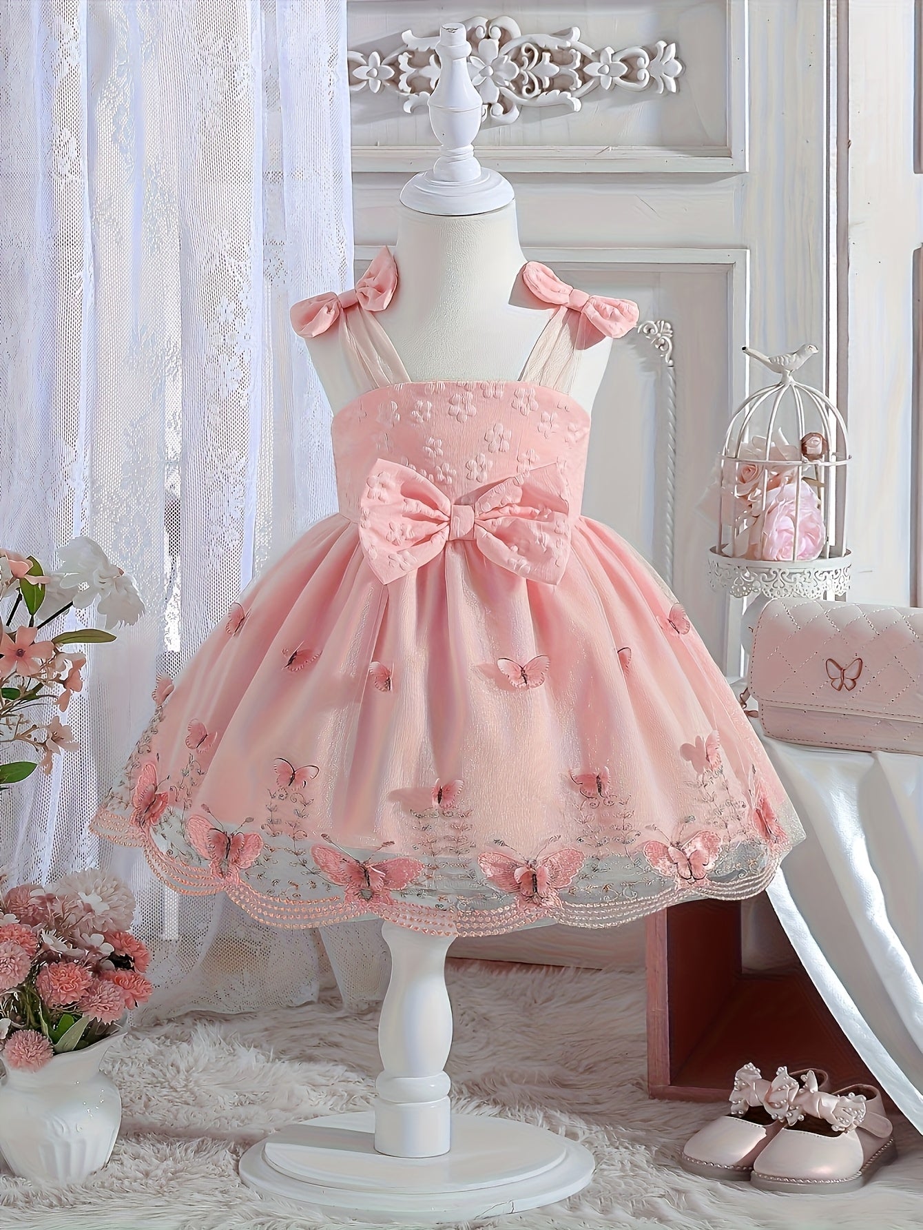 Baby Girl Summer Dress Embroidered 3D Butterfly Mesh Suspender Bow Princess Skirt