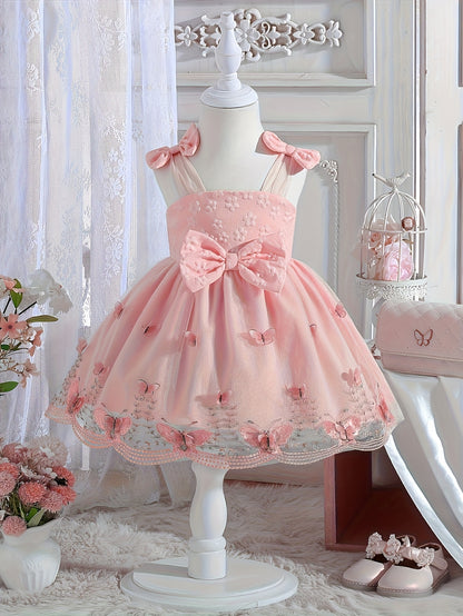 Baby Girl Summer Dress Embroidered 3D Butterfly Mesh Suspender Bow Princess Skirt