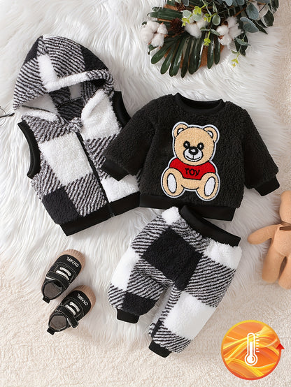 Baby Boys Cartoon Bear Pullover with Checkered Trousers & Hooded Vest Set