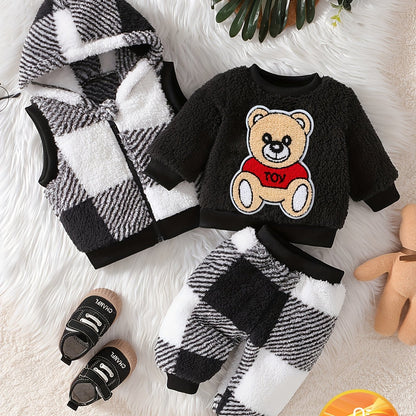 Baby Boys Cartoon Bear Pullover with Checkered Trousers & Hooded Vest Set