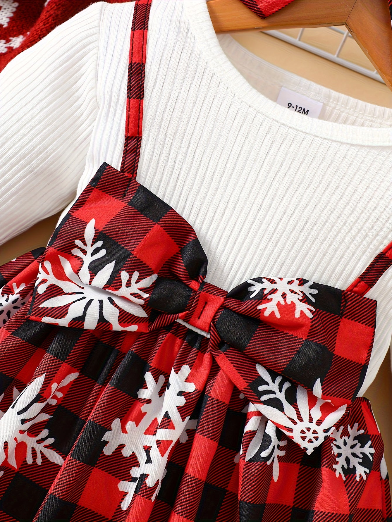 Baby Christmas Two-Piece Outfit Bow Snowflake Plaid Dress with Headscarf