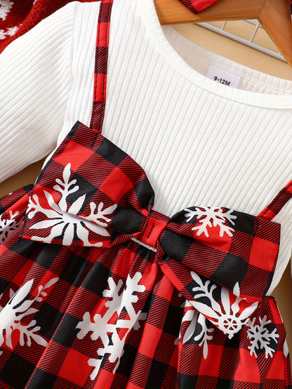 Baby Christmas Two-Piece Outfit Bow Snowflake Plaid Dress with Headscarf