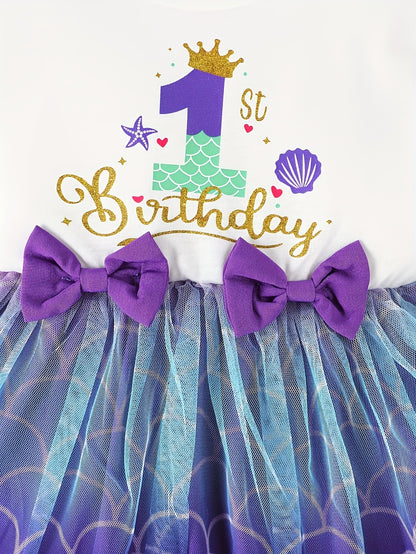 Baby Girl Long Sleeve Birthday Dress Color Block Purple & Blue Scales Knee-Length