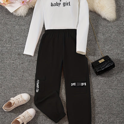 2-Piece Baby Girl Color Clash Top & Cargo Pants Set Alphabet Print